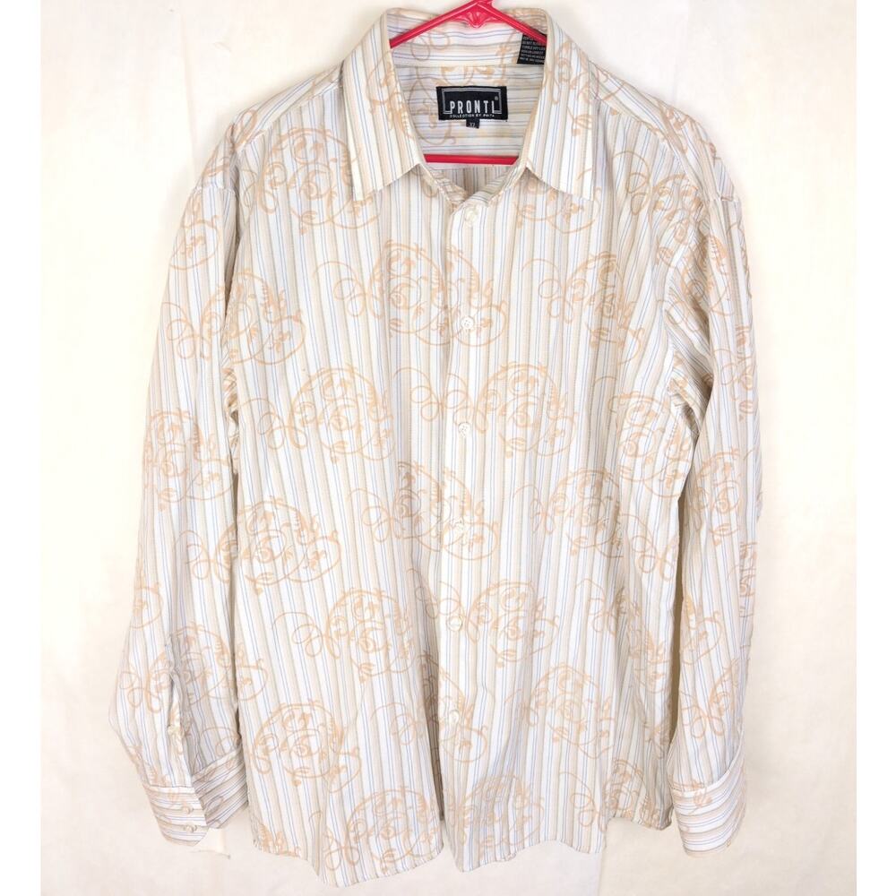 Pronti Collection By Phita tan striped velvet print button up shirt Sz XL Artsy